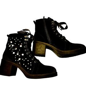 Madden Girl 9 Black Jeweled Women's Combat Boots Shoes 2 1/2 Heel Bling Sparkle